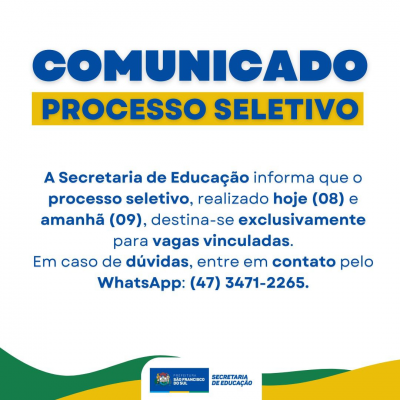 A Secretaria de Educação informa que o processo seletivo, realizado hoje (08) e amanhã (09), destina-se exclusivamente para vagas vinculadas.